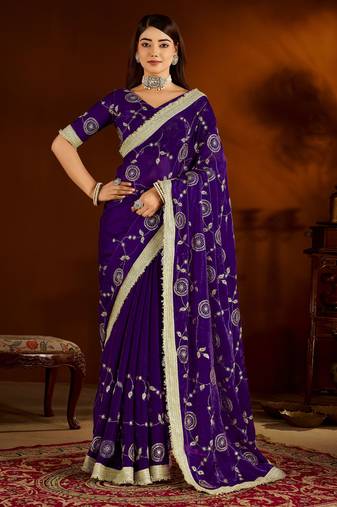 Violet satin silk saree with heavy embroidered work
