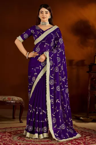Violet satin silk saree with heavy embroidered work