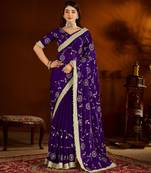 Violet satin silk saree with heavy embroidered work