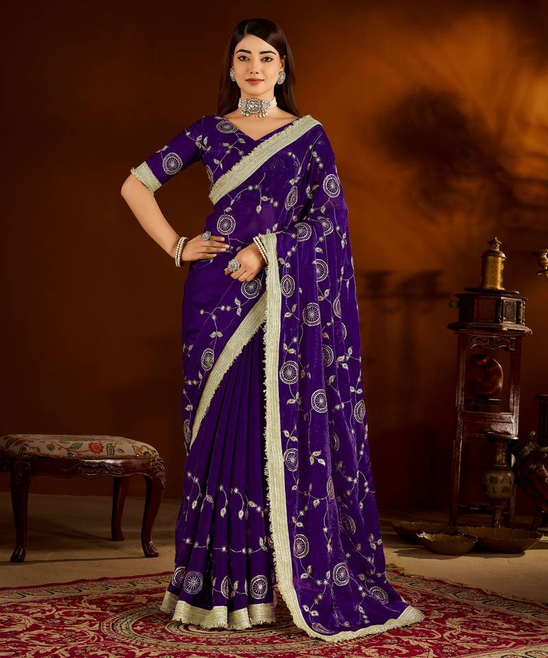 Violet satin silk saree with heavy embroidered work