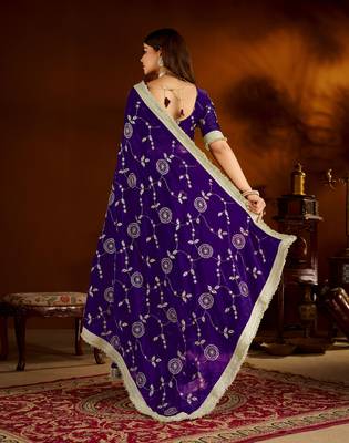 Violet satin silk saree with heavy embroidered work 2