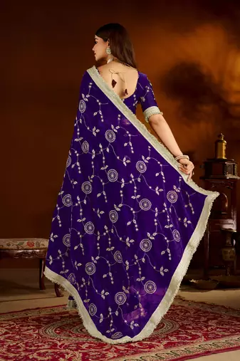 Violet satin silk saree with heavy embroidered work