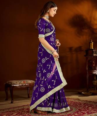 Violet satin silk saree with heavy embroidered work 3
