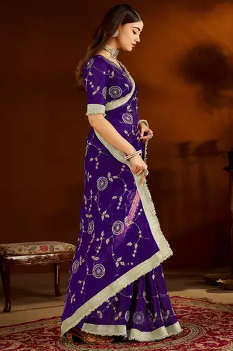 Violet satin silk saree with heavy embroidered work