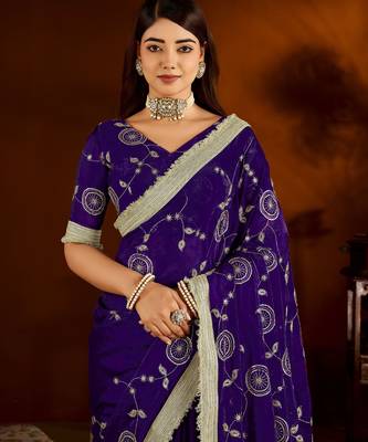 Violet satin silk saree with heavy embroidered work 4