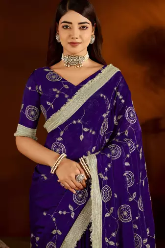 Violet satin silk saree with heavy embroidered work