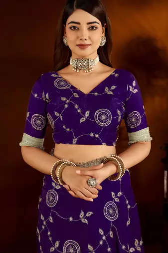 Violet satin silk saree with heavy embroidered work