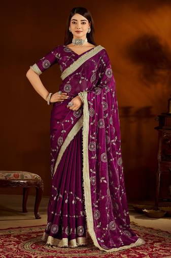 Wine satin silk saree with heavy embroidered work