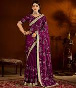 Wine satin silk saree with heavy embroidered work