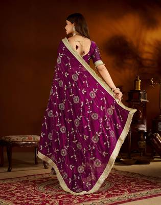 Wine satin silk saree with heavy embroidered work 2