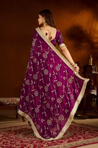 Wine satin silk saree with heavy embroidered work