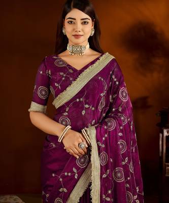 Wine satin silk saree with heavy embroidered work 3