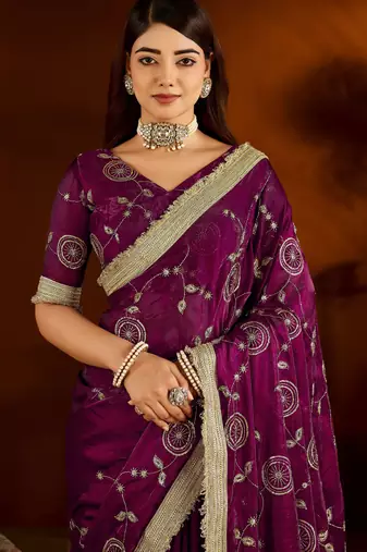 Wine satin silk saree with heavy embroidered work
