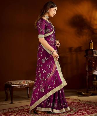 Wine satin silk saree with heavy embroidered work 4