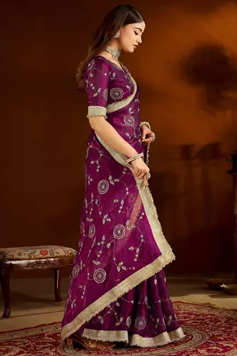 Wine satin silk saree with heavy embroidered work