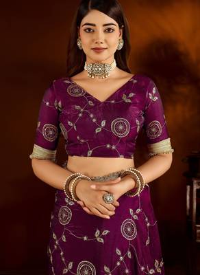 Wine satin silk saree with heavy embroidered work 5