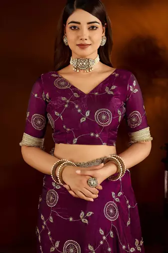 Wine satin silk saree with heavy embroidered work