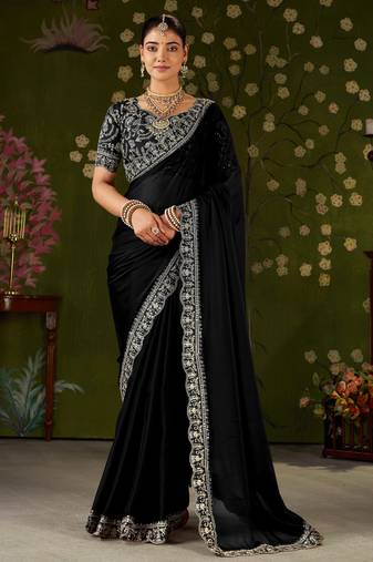 Black rangoli silk embroidered cutwork lace saree for women with designer blouse piece