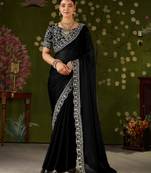 Black rangoli silk embroidered cutwork lace saree for women with designer blouse piece