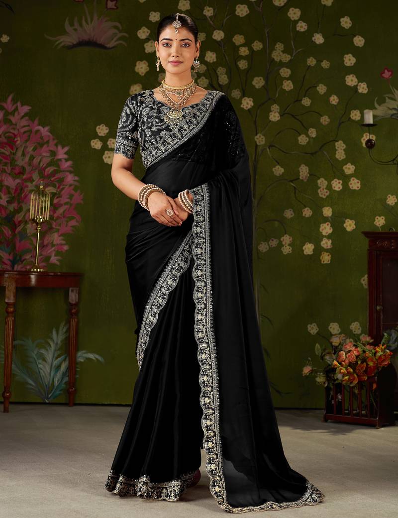 Black rangoli silk embroidered cutwork lace saree for women with designer blouse piece