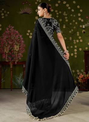Black rangoli silk embroidered cutwork lace saree for women with designer blouse piece 2