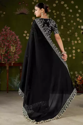 Black rangoli silk embroidered cutwork lace saree for women with designer blouse piece