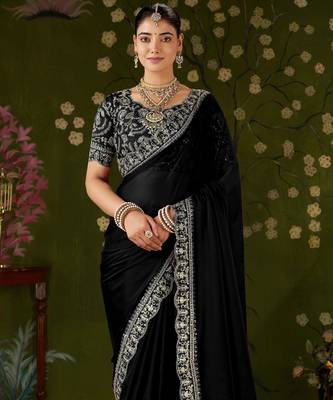 Black rangoli silk embroidered cutwork lace saree for women with designer blouse piece 3