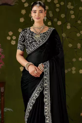 Black rangoli silk embroidered cutwork lace saree for women with designer blouse piece