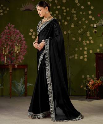 Black rangoli silk embroidered cutwork lace saree for women with designer blouse piece 4
