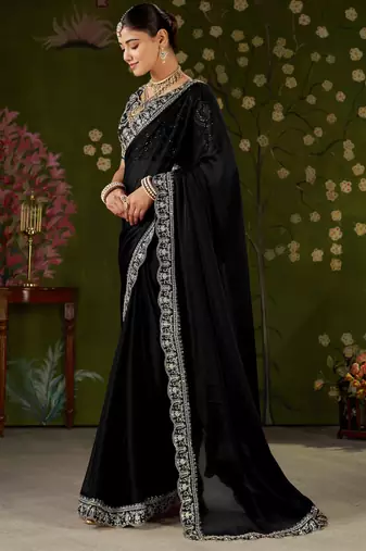 Black rangoli silk embroidered cutwork lace saree for women with designer blouse piece