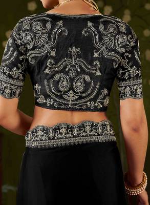 Black rangoli silk embroidered cutwork lace saree for women with designer blouse piece 5
