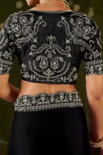 Black rangoli silk embroidered cutwork lace saree for women with designer blouse piece