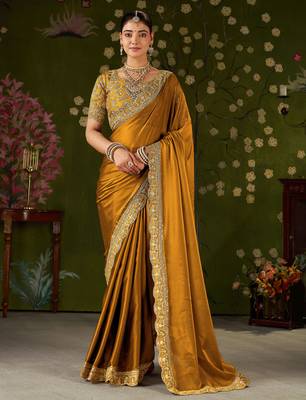 Mustard rangoli silk embroidered cutwork lace saree for women with designer blouse piece 1