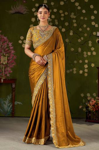Mustard rangoli silk embroidered cutwork lace saree for women with designer blouse piece