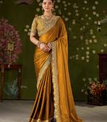 Mustard rangoli silk embroidered cutwork lace saree for women with designer blouse piece