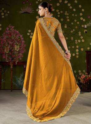 Mustard rangoli silk embroidered cutwork lace saree for women with designer blouse piece 2