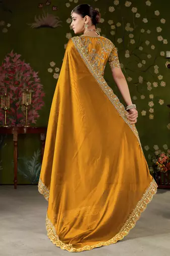 Mustard rangoli silk embroidered cutwork lace saree for women with designer blouse piece