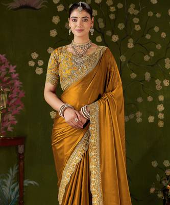 Mustard rangoli silk embroidered cutwork lace saree for women with designer blouse piece 3