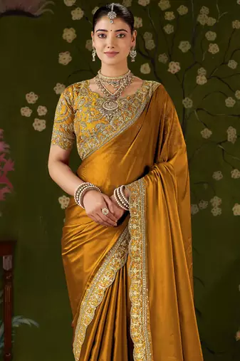 Mustard rangoli silk embroidered cutwork lace saree for women with designer blouse piece