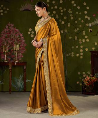 Mustard rangoli silk embroidered cutwork lace saree for women with designer blouse piece 4