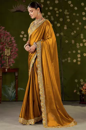 Mustard rangoli silk embroidered cutwork lace saree for women with designer blouse piece