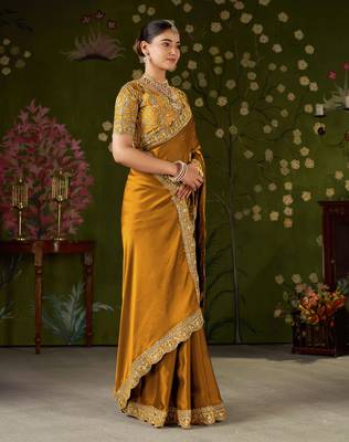 Mustard rangoli silk embroidered cutwork lace saree for women with designer blouse piece 5