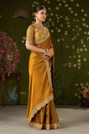Mustard rangoli silk embroidered cutwork lace saree for women with designer blouse piece