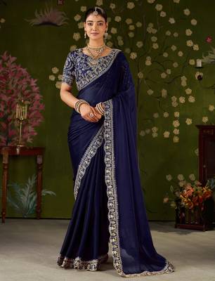 Navy blue rangoli silk embroidered cutwork lace saree for women with designer blouse piece 1