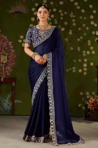 Navy blue rangoli silk embroidered cutwork lace saree for women with designer blouse piece