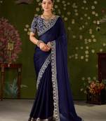 Navy blue rangoli silk embroidered cutwork lace saree for women with designer blouse piece