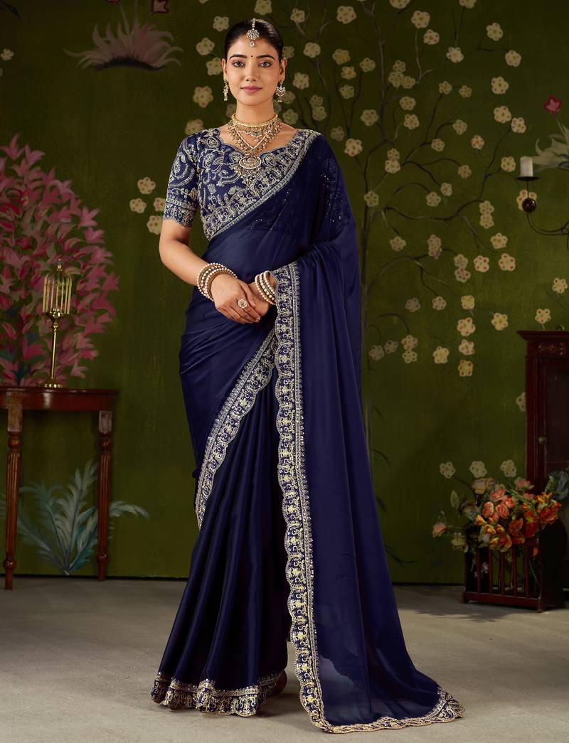 Navy blue rangoli silk embroidered cutwork lace saree for women with designer blouse piece