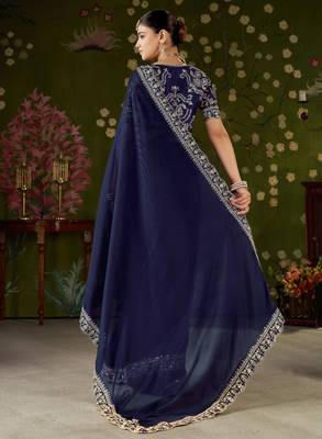 Navy blue rangoli silk embroidered cutwork lace saree for women with designer blouse piece 2