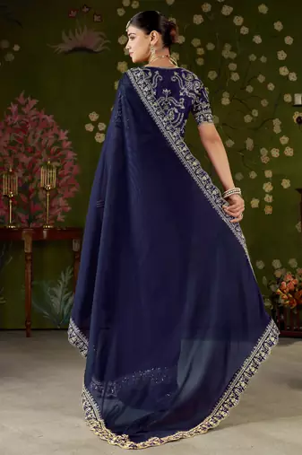 Navy blue rangoli silk embroidered cutwork lace saree for women with designer blouse piece