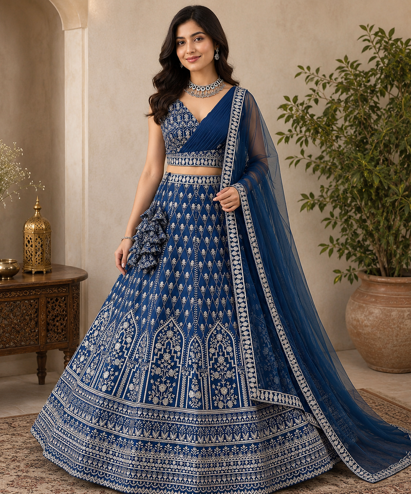 Blue wedding wear lehenga choli for women